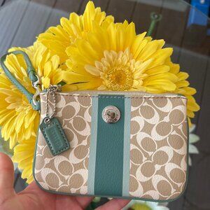 Coach Signature Stripe Teal Wristlet – Excellent Condition